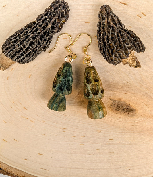 Morel Mushroom Earrings #19 | Carved From Naturally Green, Fungus-Stained Wood