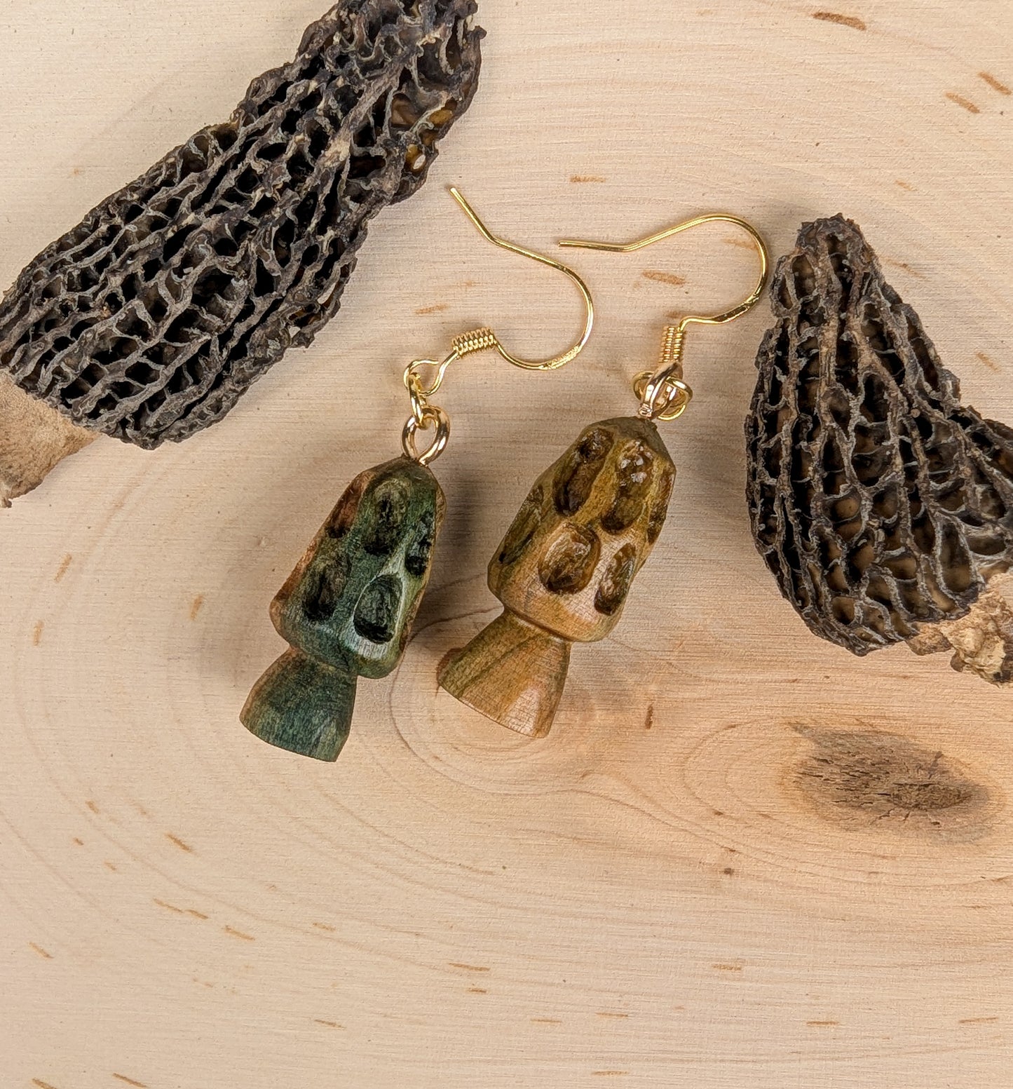 Morel Mushroom Earrings #20 | Carved From Naturally Green, Fungus-Stained Wood