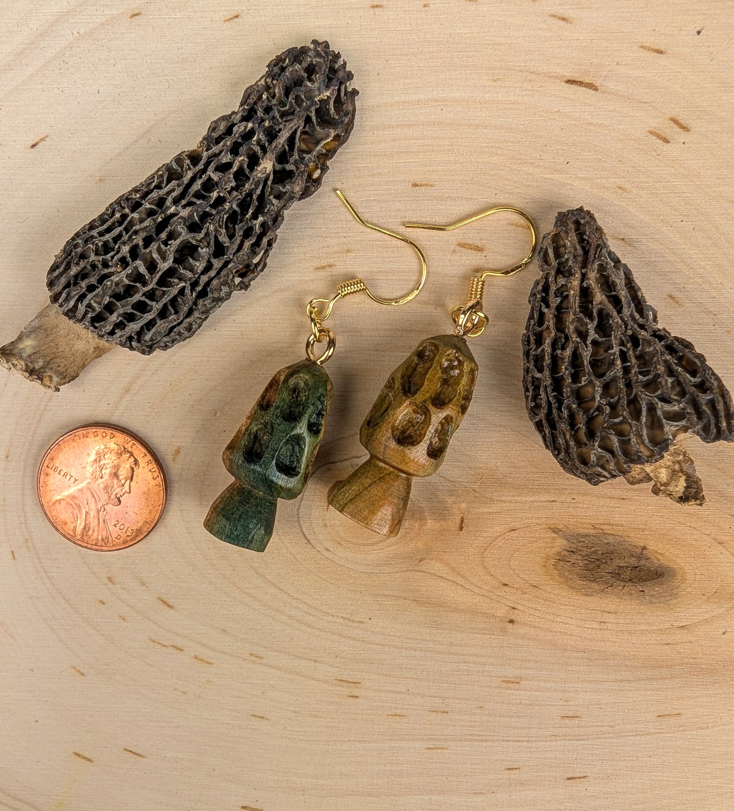 Morel Mushroom Earrings #20 | Carved From Naturally Green, Fungus-Stained Wood