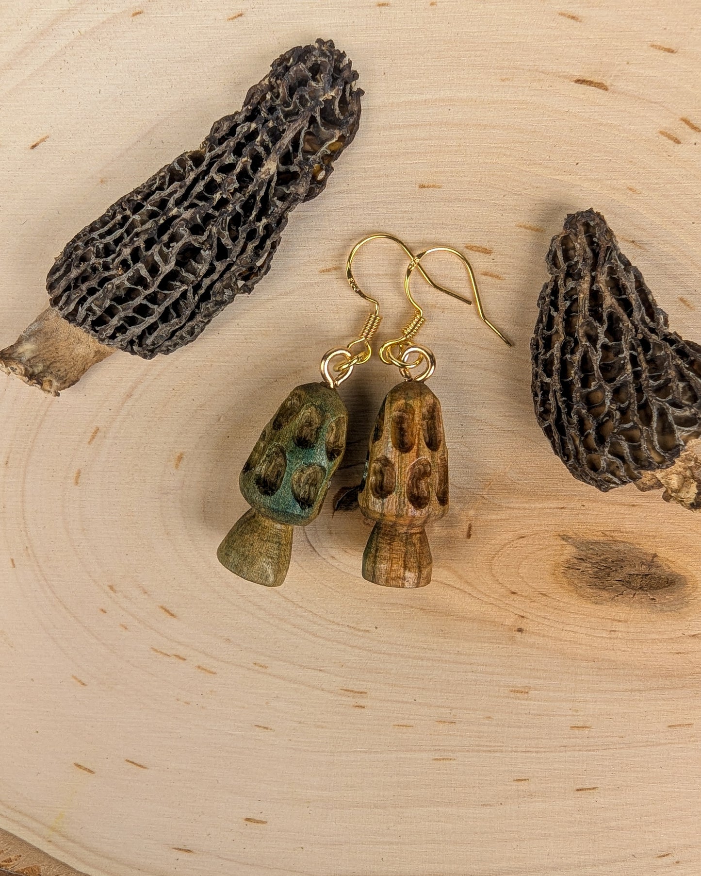 Morel Mushroom Earrings #20 | Carved From Naturally Green, Fungus-Stained Wood