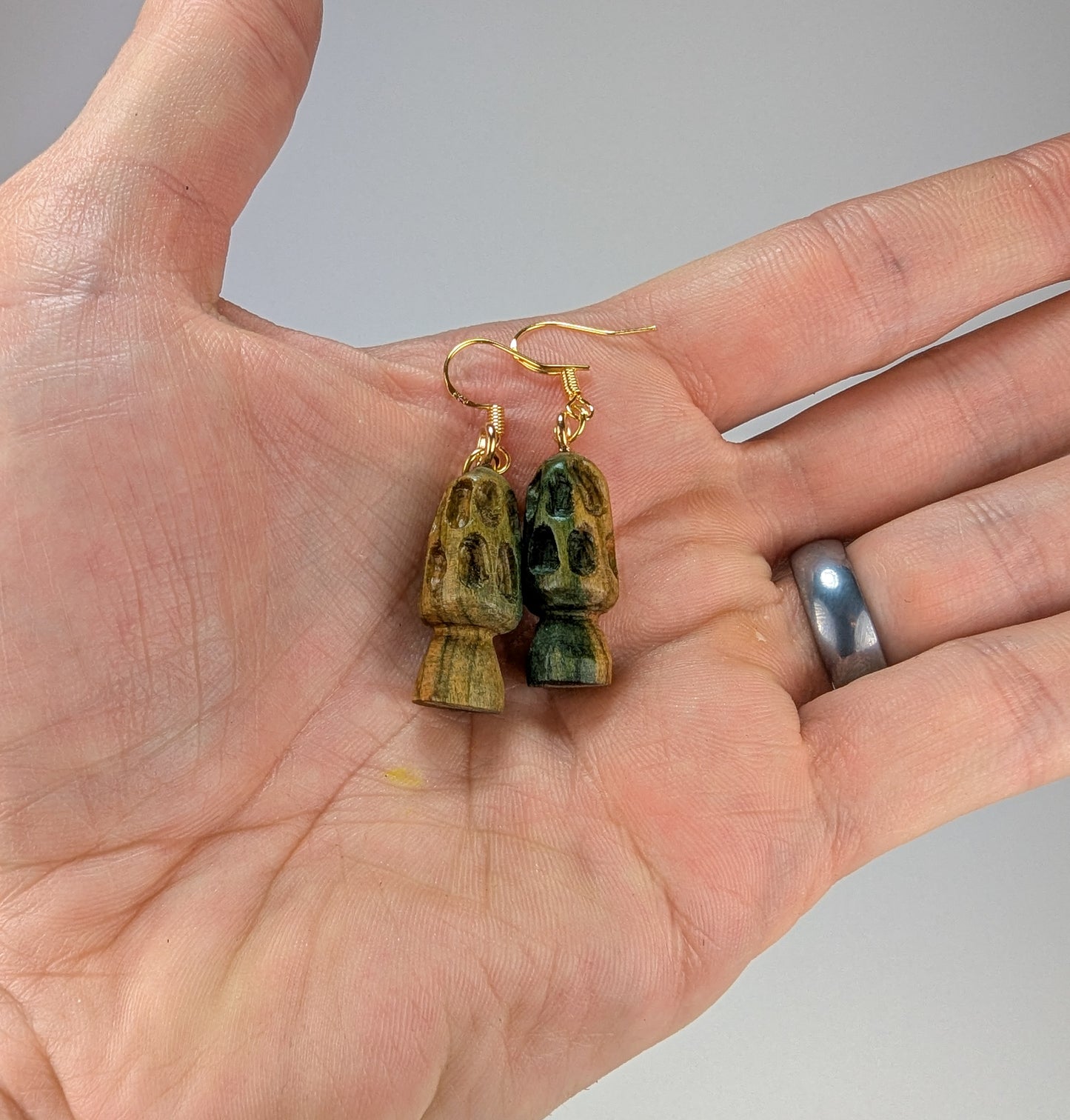 Morel Mushroom Earrings #20 | Carved From Naturally Green, Fungus-Stained Wood