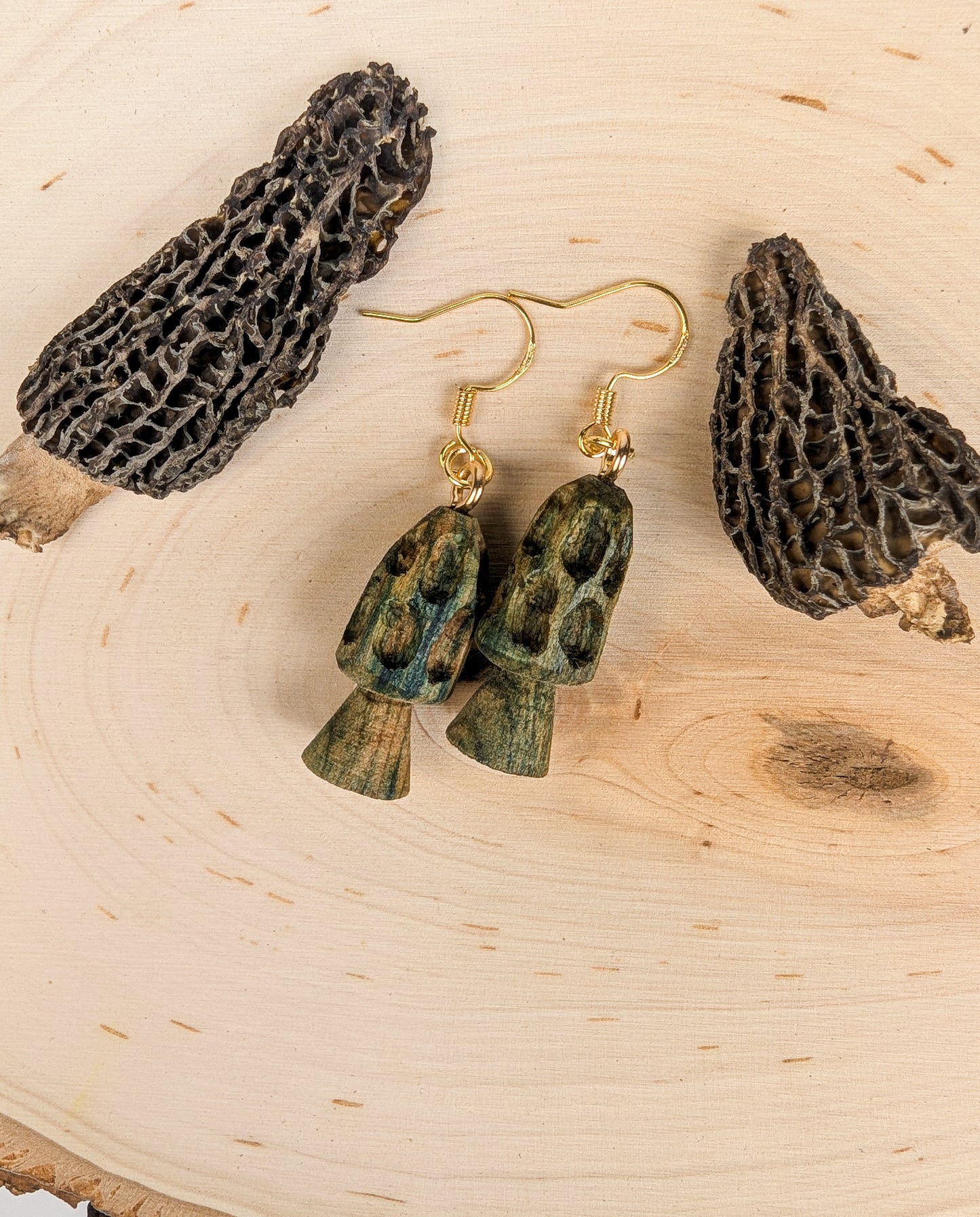 Morel Mushroom Earrings #21 | Carved From Naturally Green, Fungus-Stained Wood