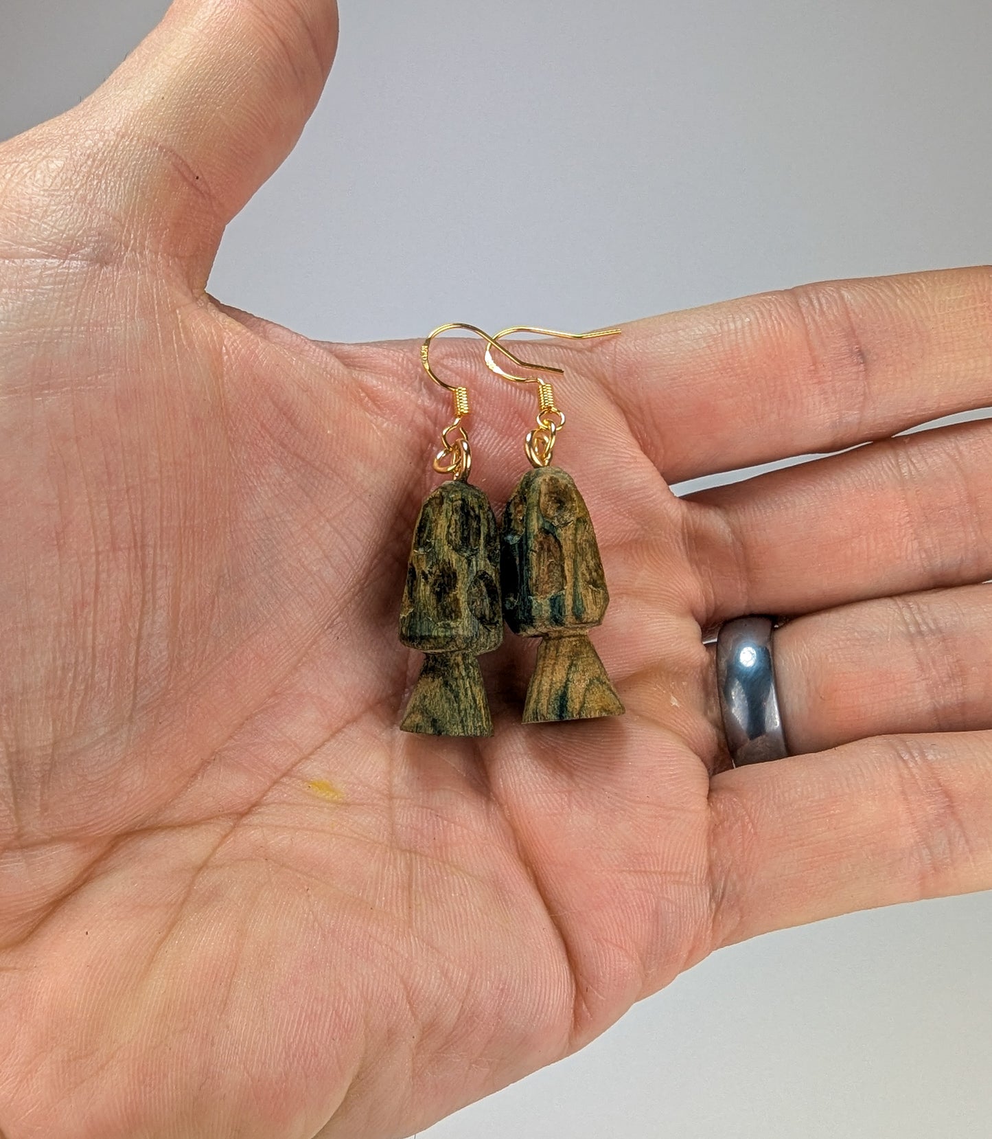 Morel Mushroom Earrings #21 | Carved From Naturally Green, Fungus-Stained Wood