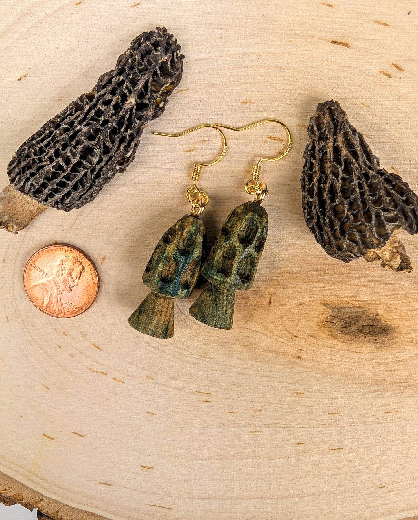 Morel Mushroom Earrings #21 | Carved From Naturally Green, Fungus-Stained Wood