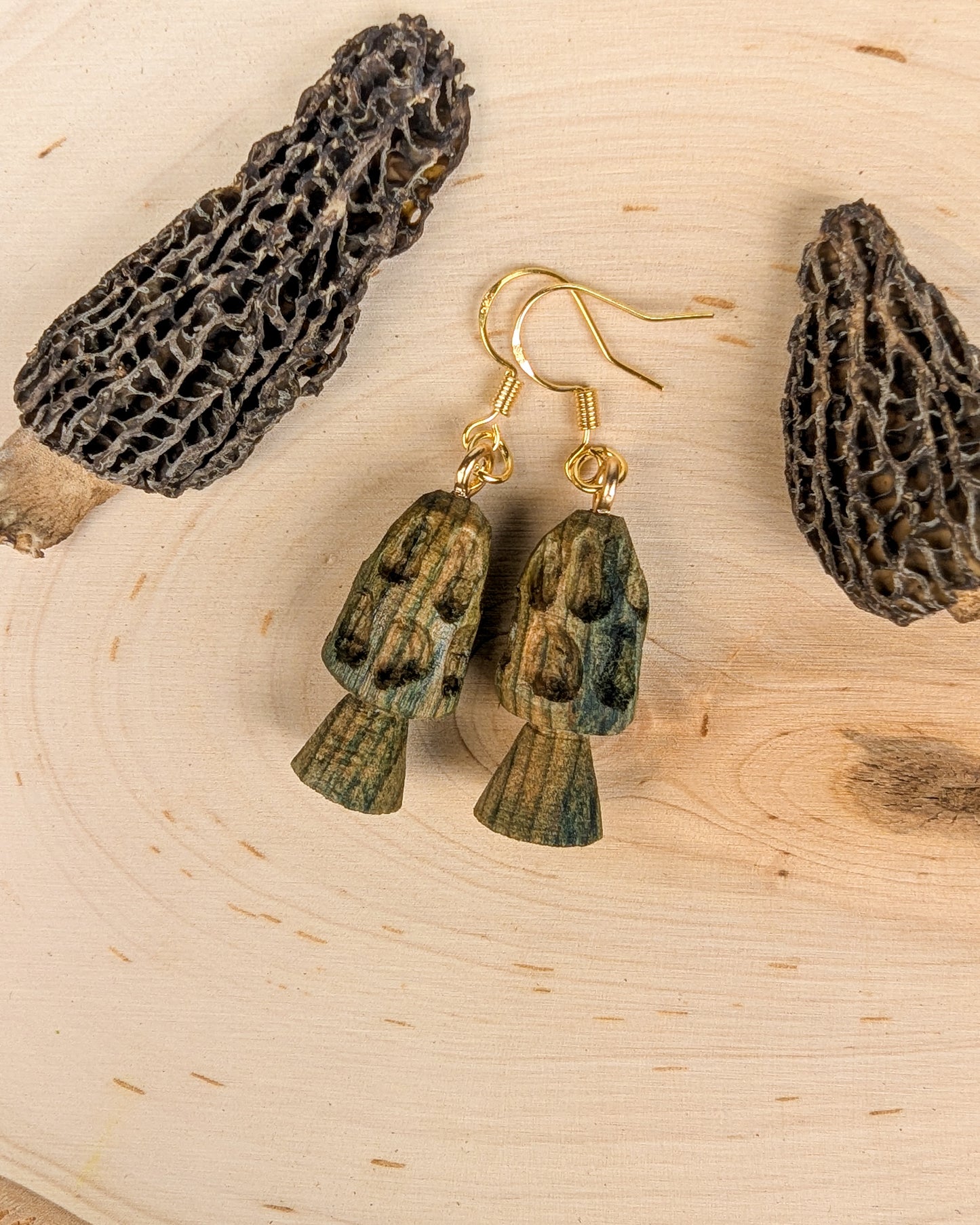 Morel Mushroom Earrings #21 | Carved From Naturally Green, Fungus-Stained Wood