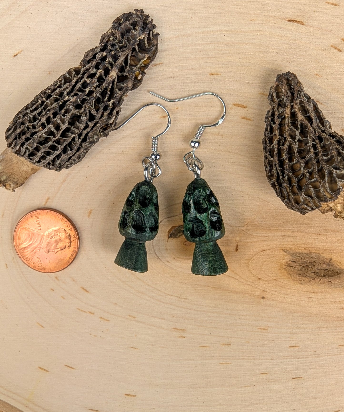 Morel Mushroom Earrings #22 | Carved From Naturally Green, Fungus-Stained Wood