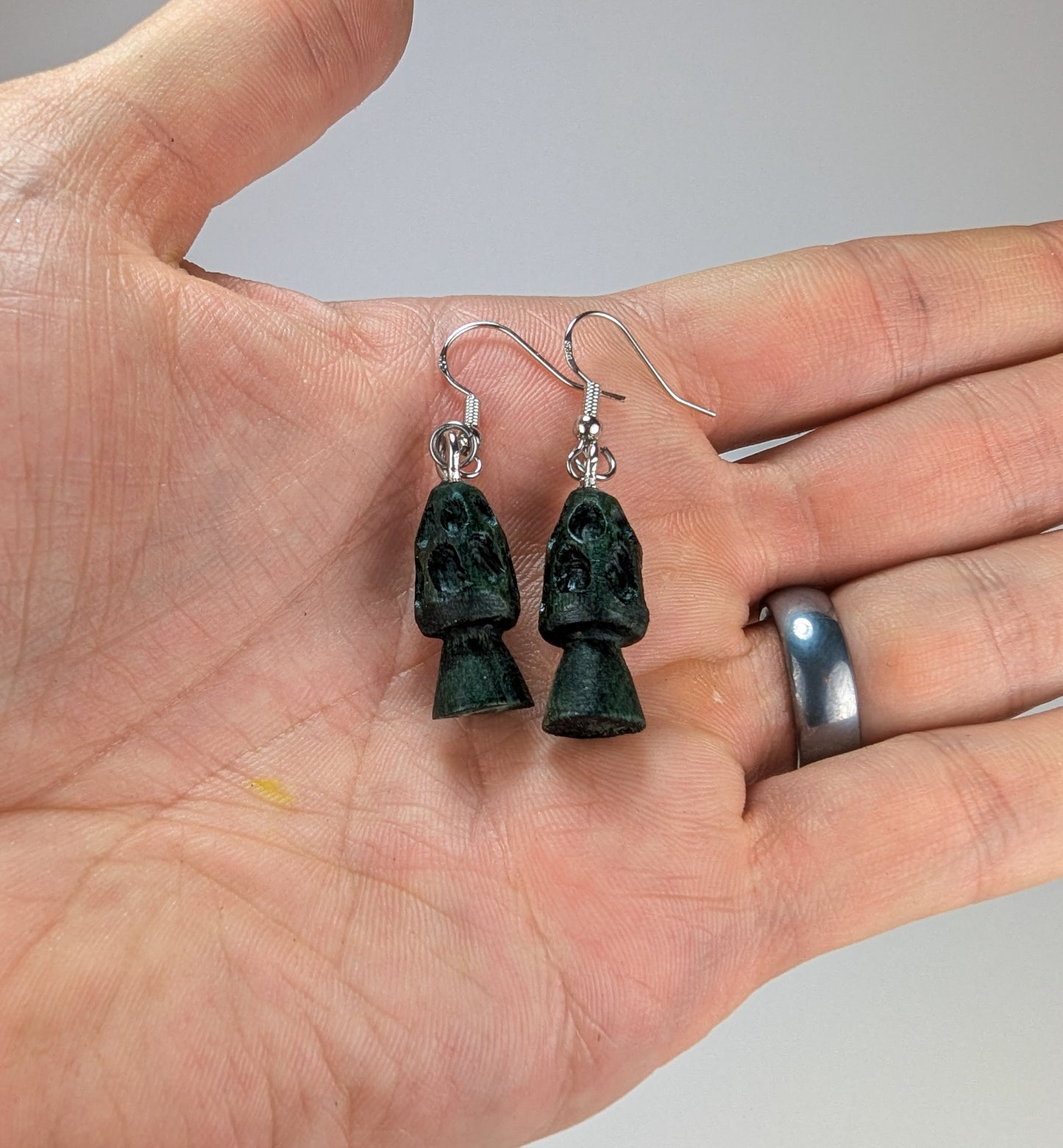 Morel Mushroom Earrings #22 | Carved From Naturally Green, Fungus-Stained Wood