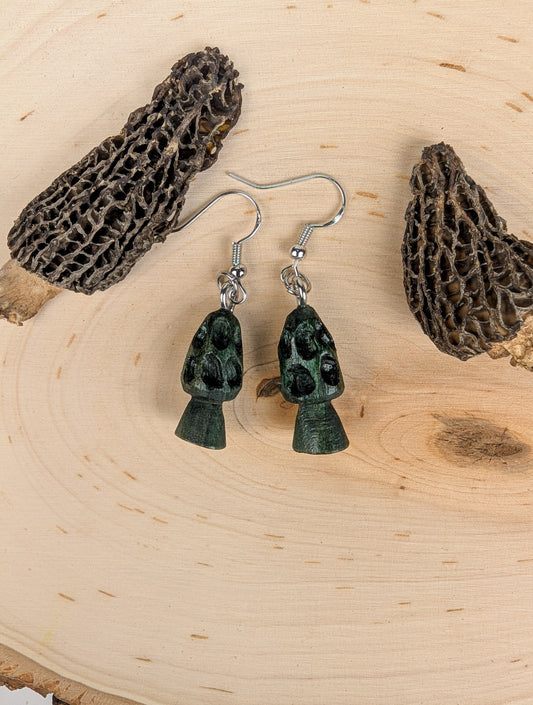 Morel Mushroom Earrings #22 | Carved From Naturally Green, Fungus-Stained Wood