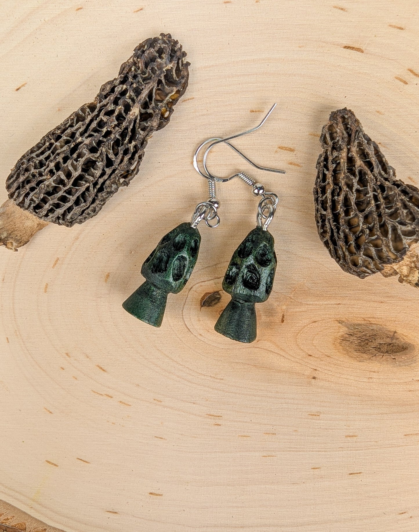 Morel Mushroom Earrings #22 | Carved From Naturally Green, Fungus-Stained Wood