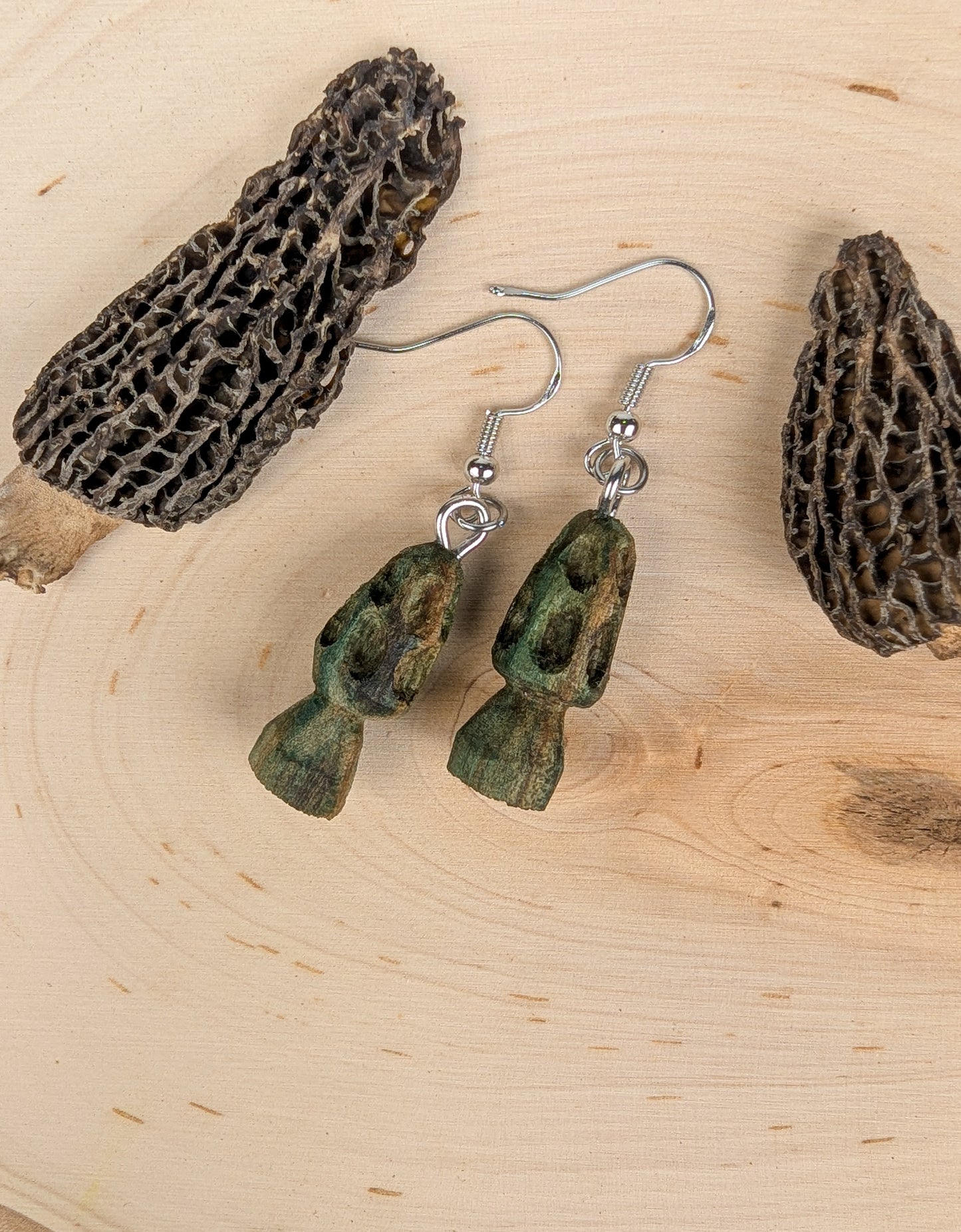 Morel Mushroom Earrings #23 | Carved From Naturally Green, Fungus-Stained Wood