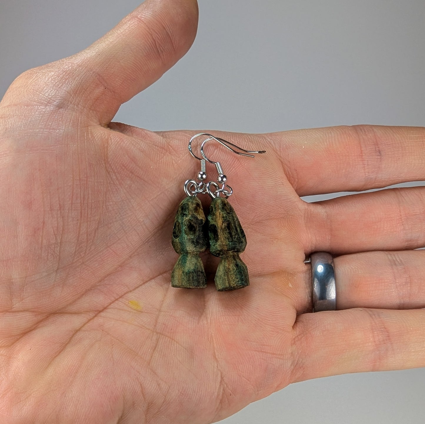 Morel Mushroom Earrings #23 | Carved From Naturally Green, Fungus-Stained Wood