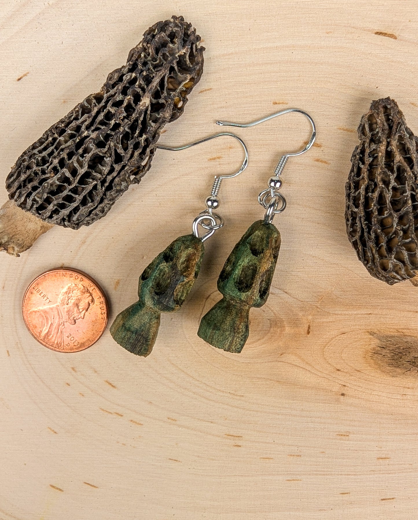 Morel Mushroom Earrings #23 | Carved From Naturally Green, Fungus-Stained Wood