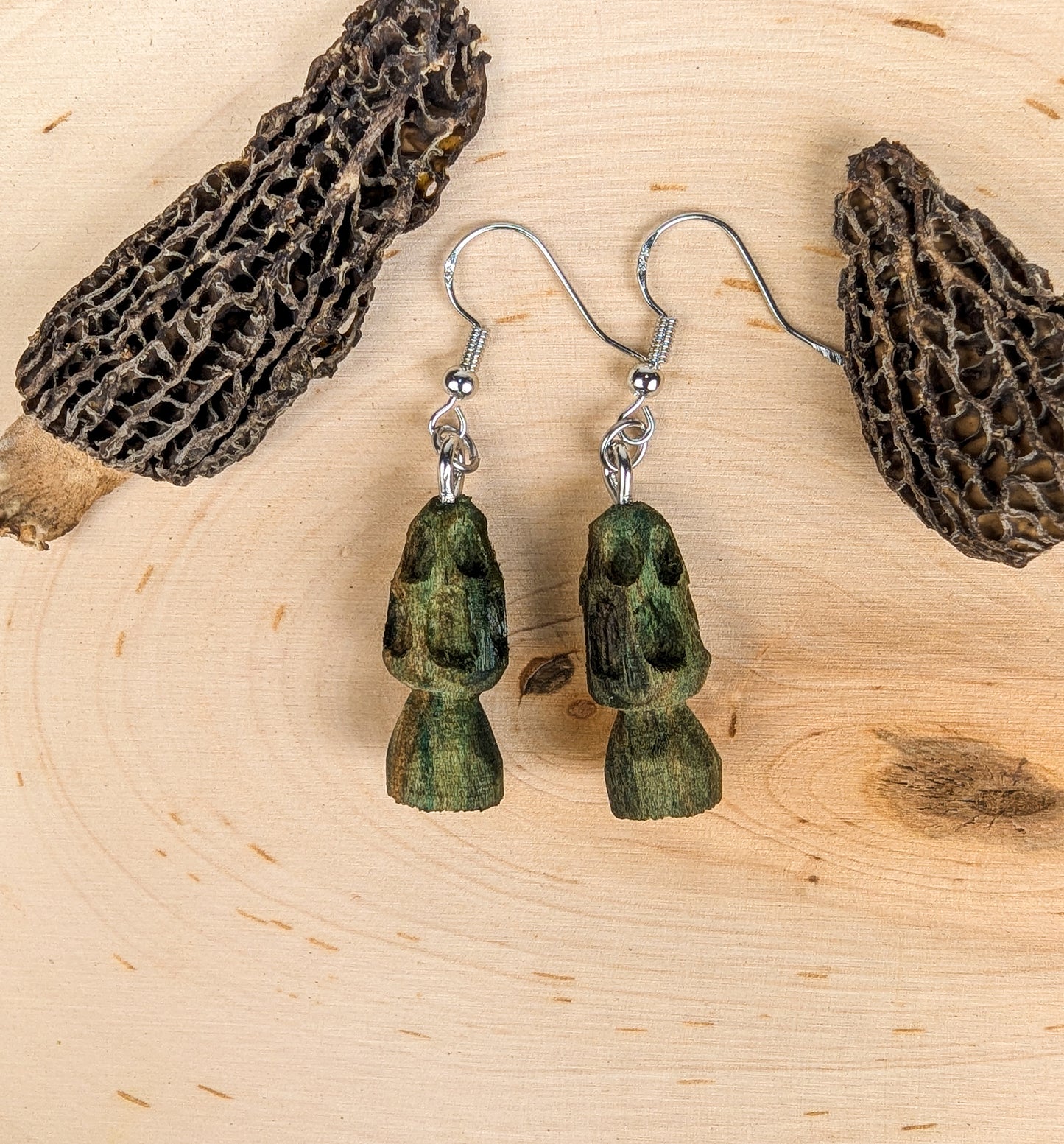 Morel Mushroom Earrings #23 | Carved From Naturally Green, Fungus-Stained Wood