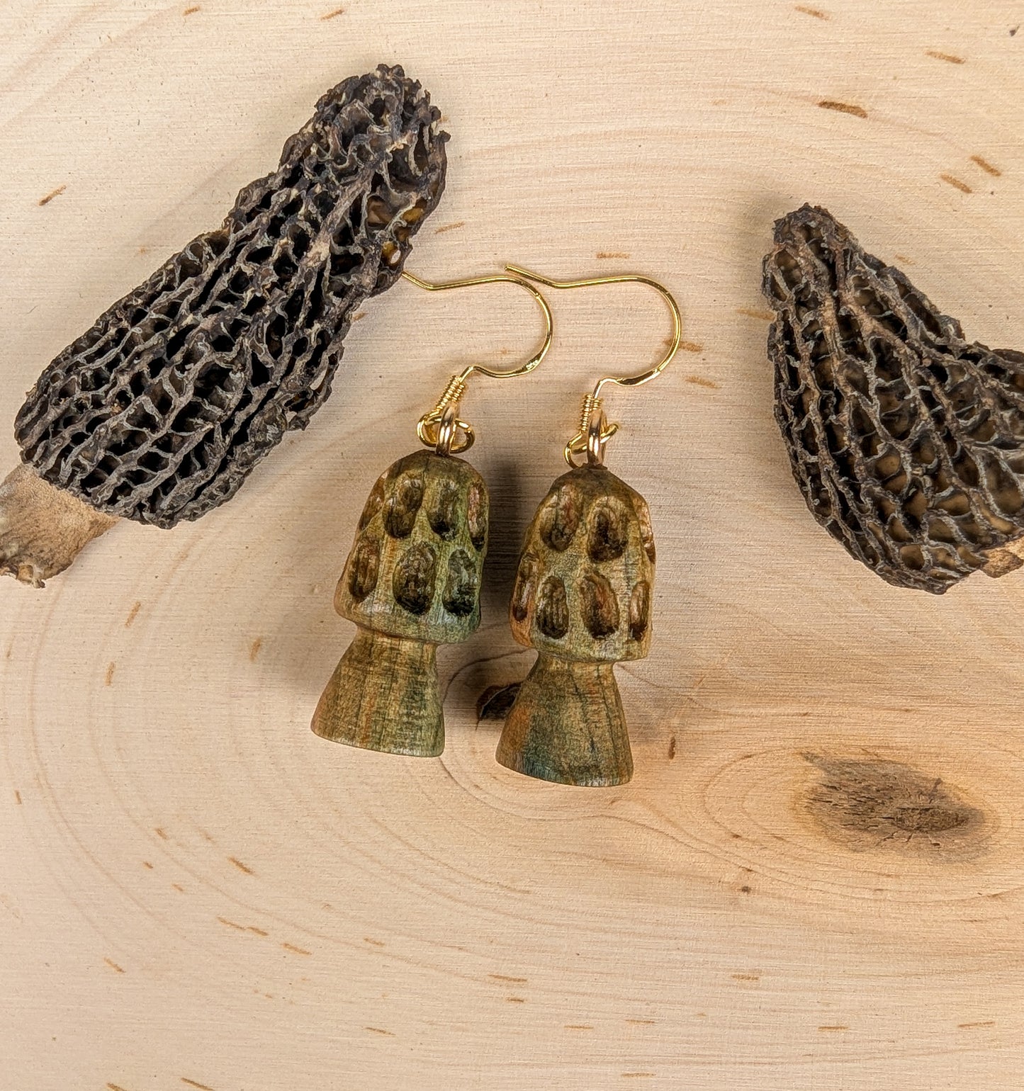 Morel Mushroom Earrings #24 | Carved From Naturally Green, Fungus-Stained Wood