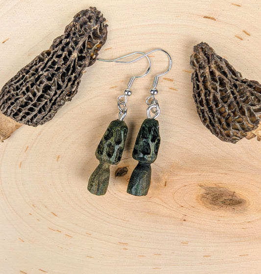 Morel Mushroom Earrings #25 | Carved From Naturally Green, Fungus-Stained Wood