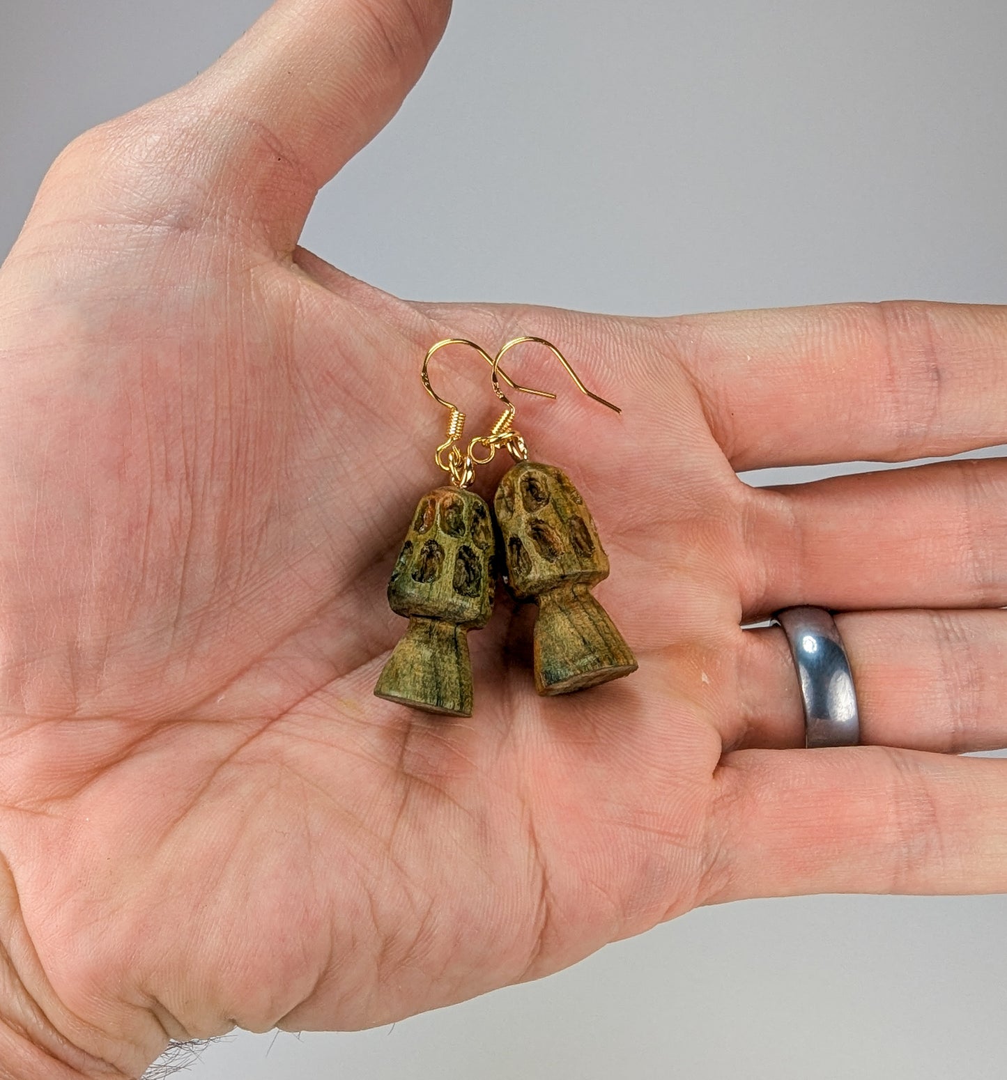 Morel Mushroom Earrings #24 | Carved From Naturally Green, Fungus-Stained Wood