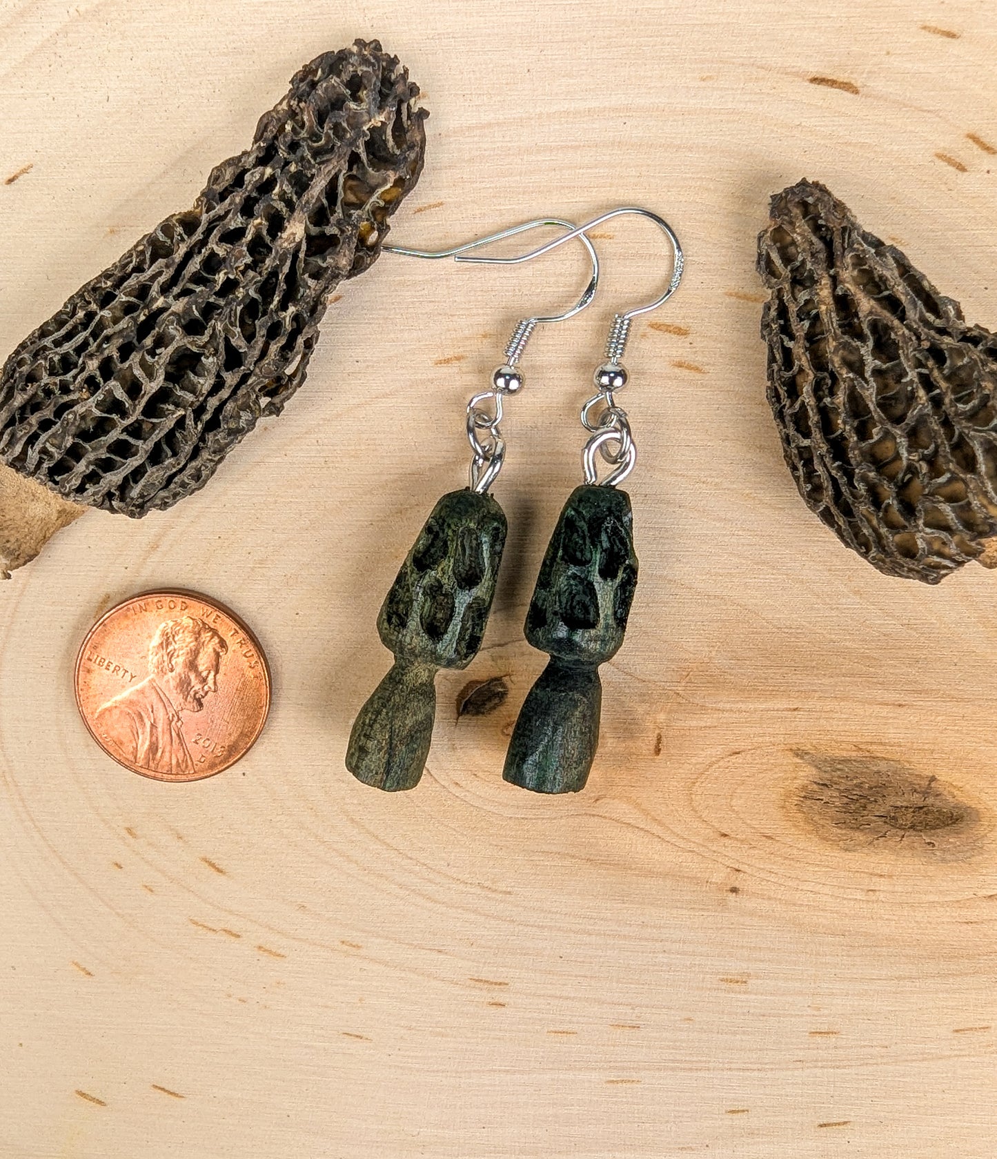 Morel Mushroom Earrings #25 | Carved From Naturally Green, Fungus-Stained Wood