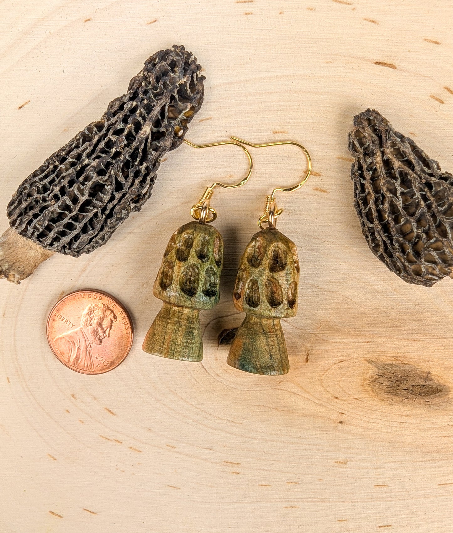 Morel Mushroom Earrings #24 | Carved From Naturally Green, Fungus-Stained Wood