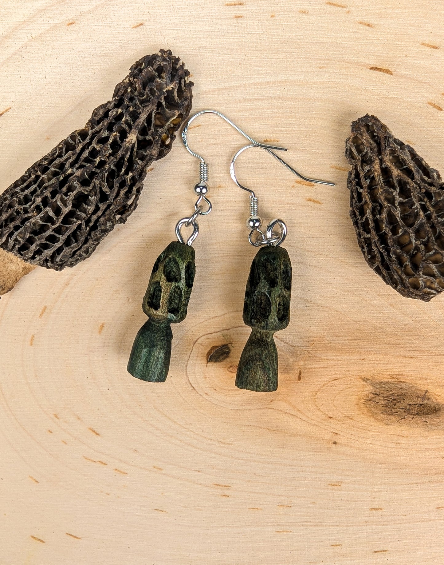 Morel Mushroom Earrings #25 | Carved From Naturally Green, Fungus-Stained Wood