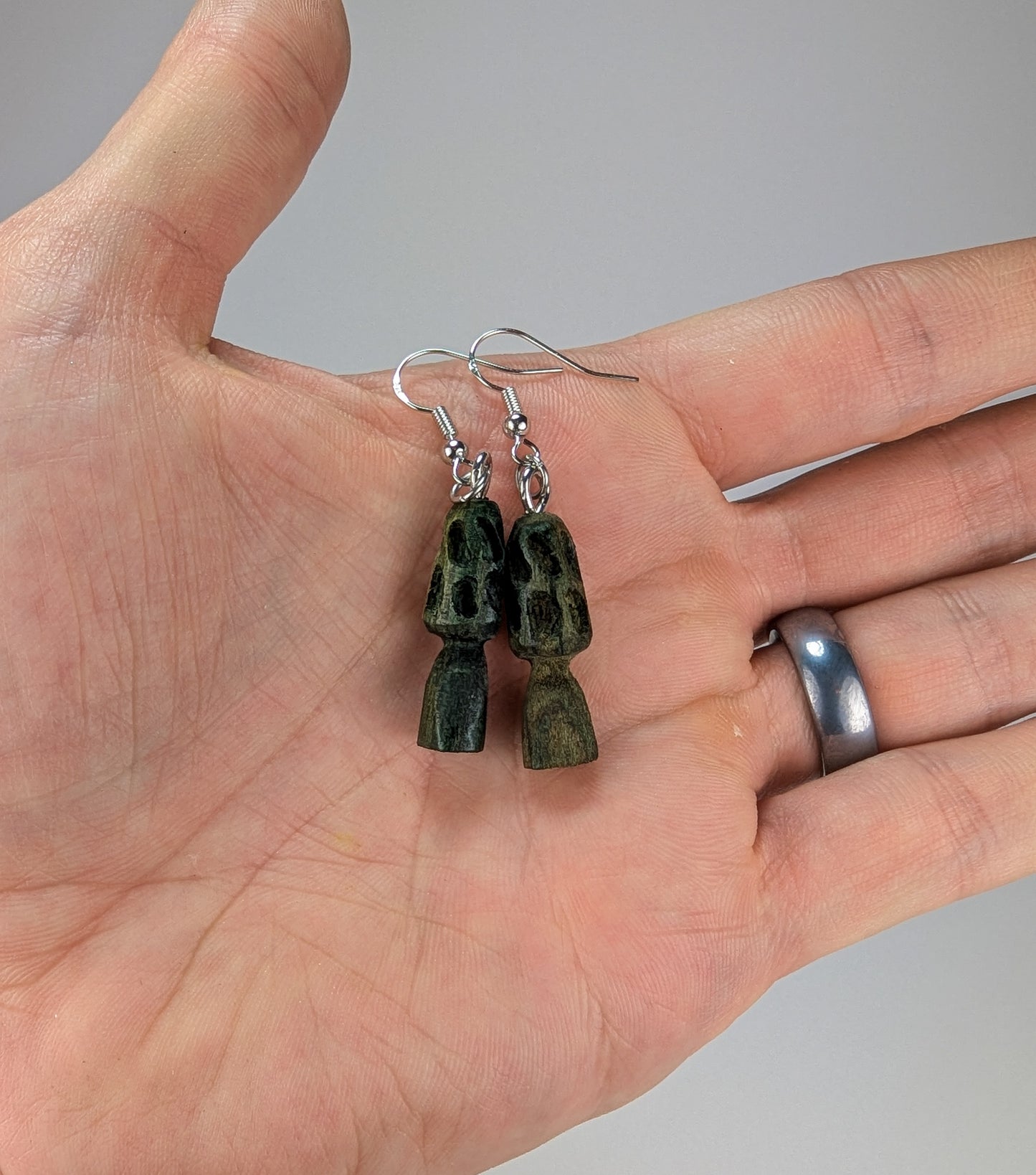 Morel Mushroom Earrings #25 | Carved From Naturally Green, Fungus-Stained Wood