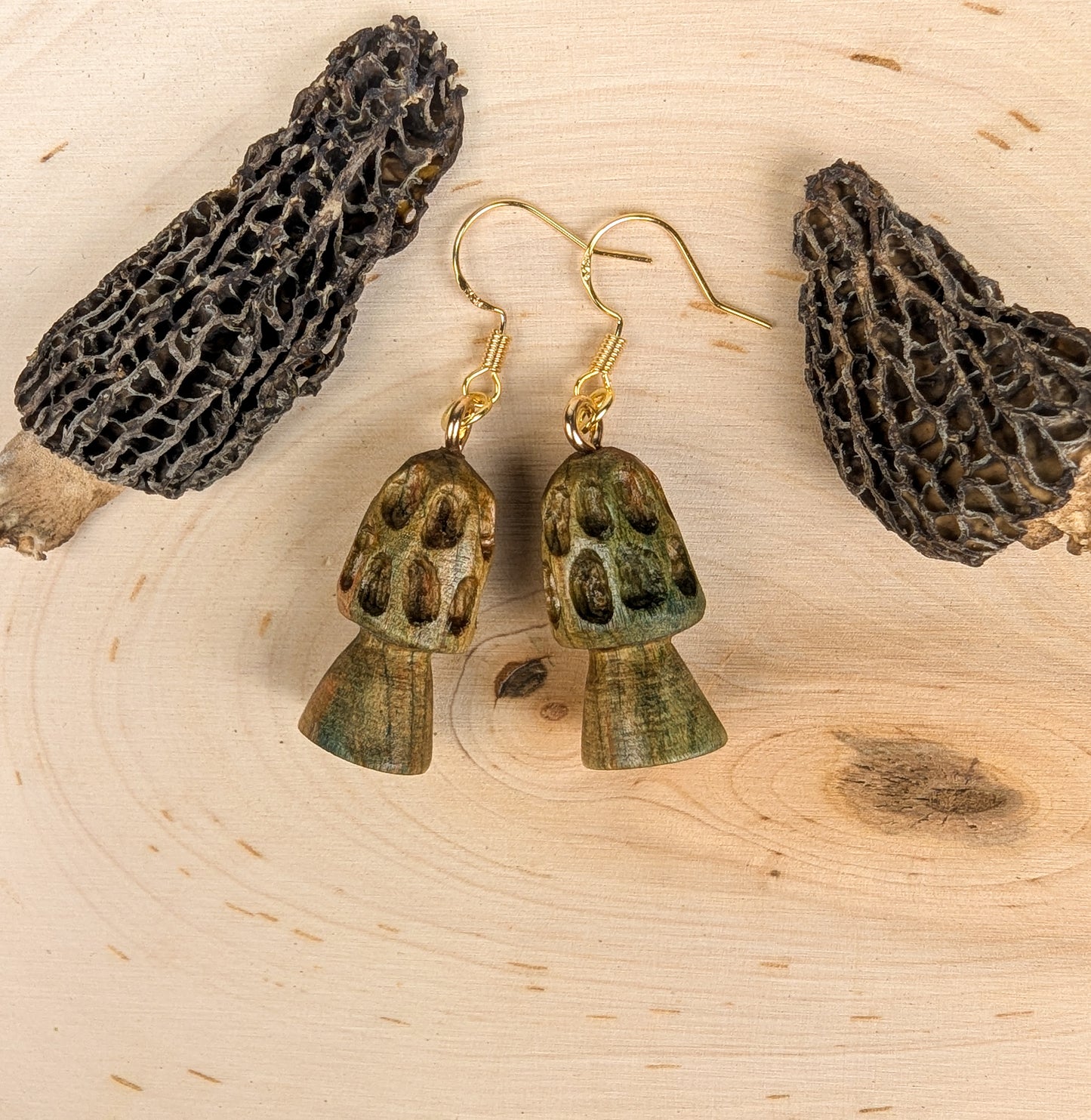 Morel Mushroom Earrings #24 | Carved From Naturally Green, Fungus-Stained Wood