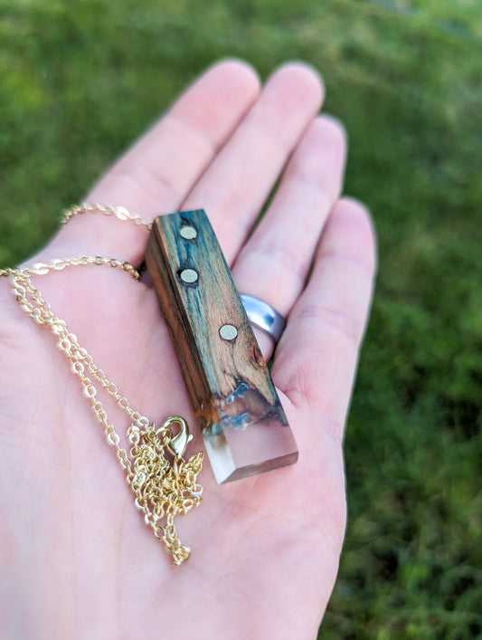 Naturally Fungus-Stained Wooden Pendant | Embellished with Brass Rods, Clear Epoxy, and Blue Glass