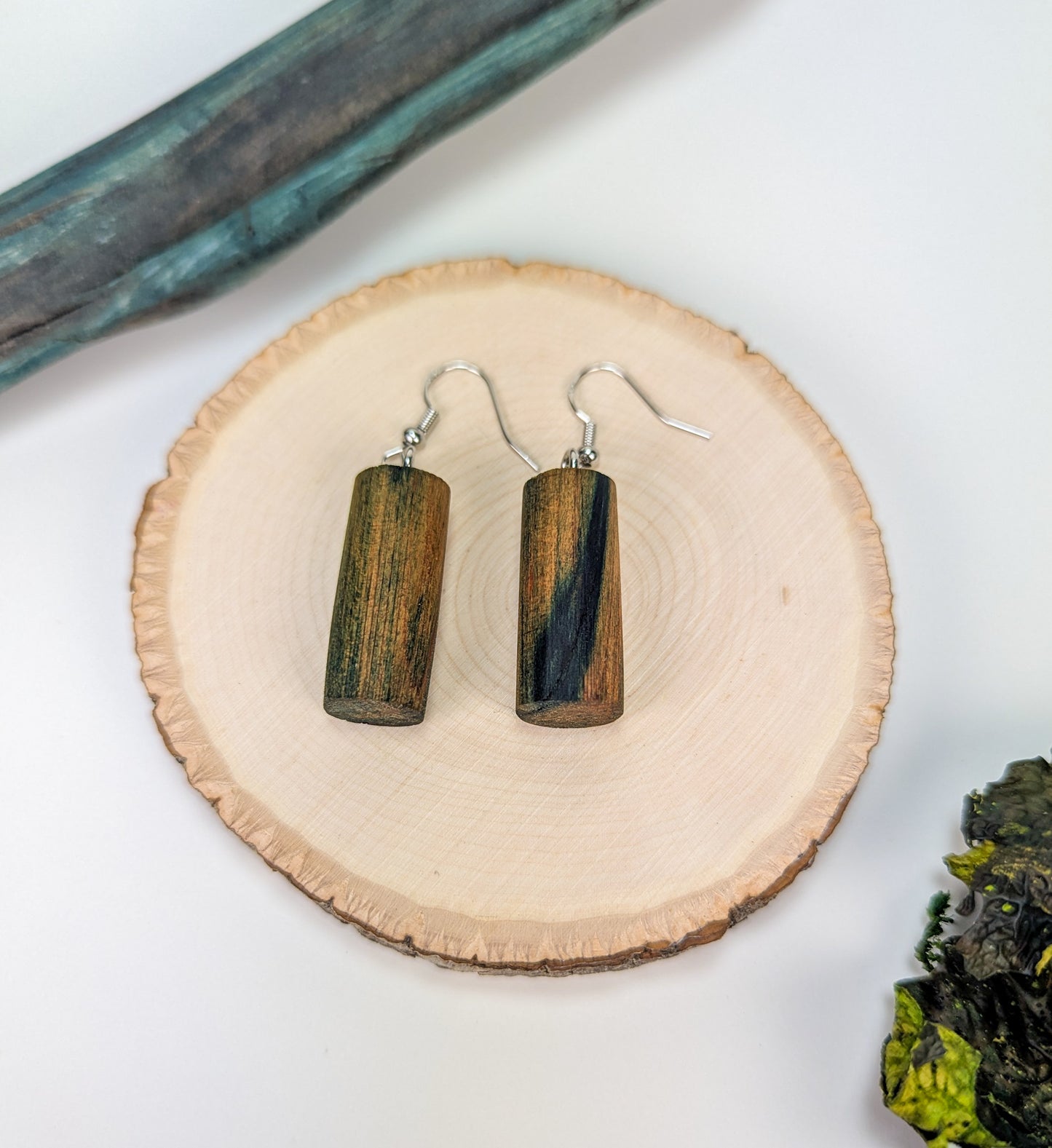 Naturally Fungus Stained Wooden Earrings | Medium Cylindrical Shape #2