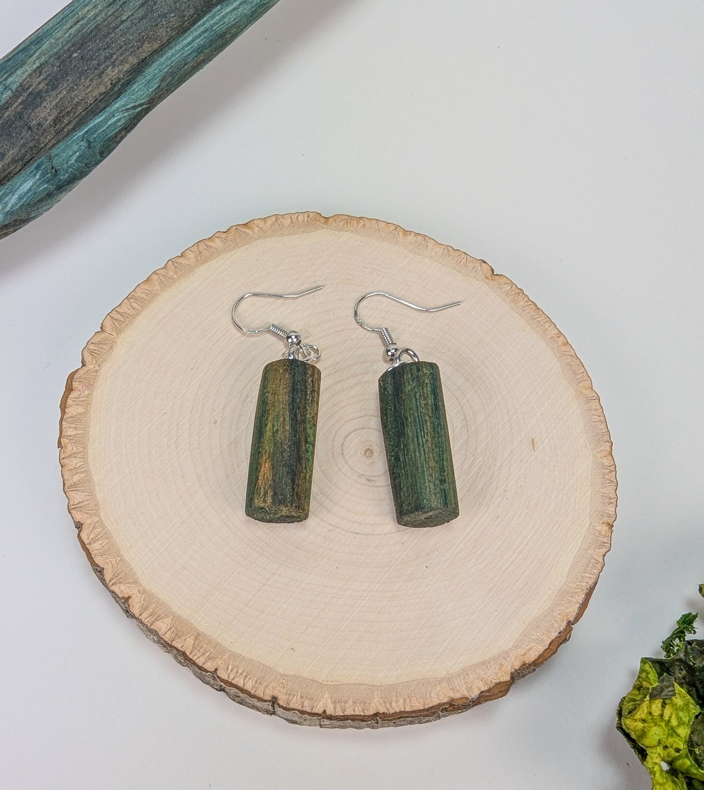 Naturally Fungus Stained Wooden Earrings | Small Cylindrical Shape #1