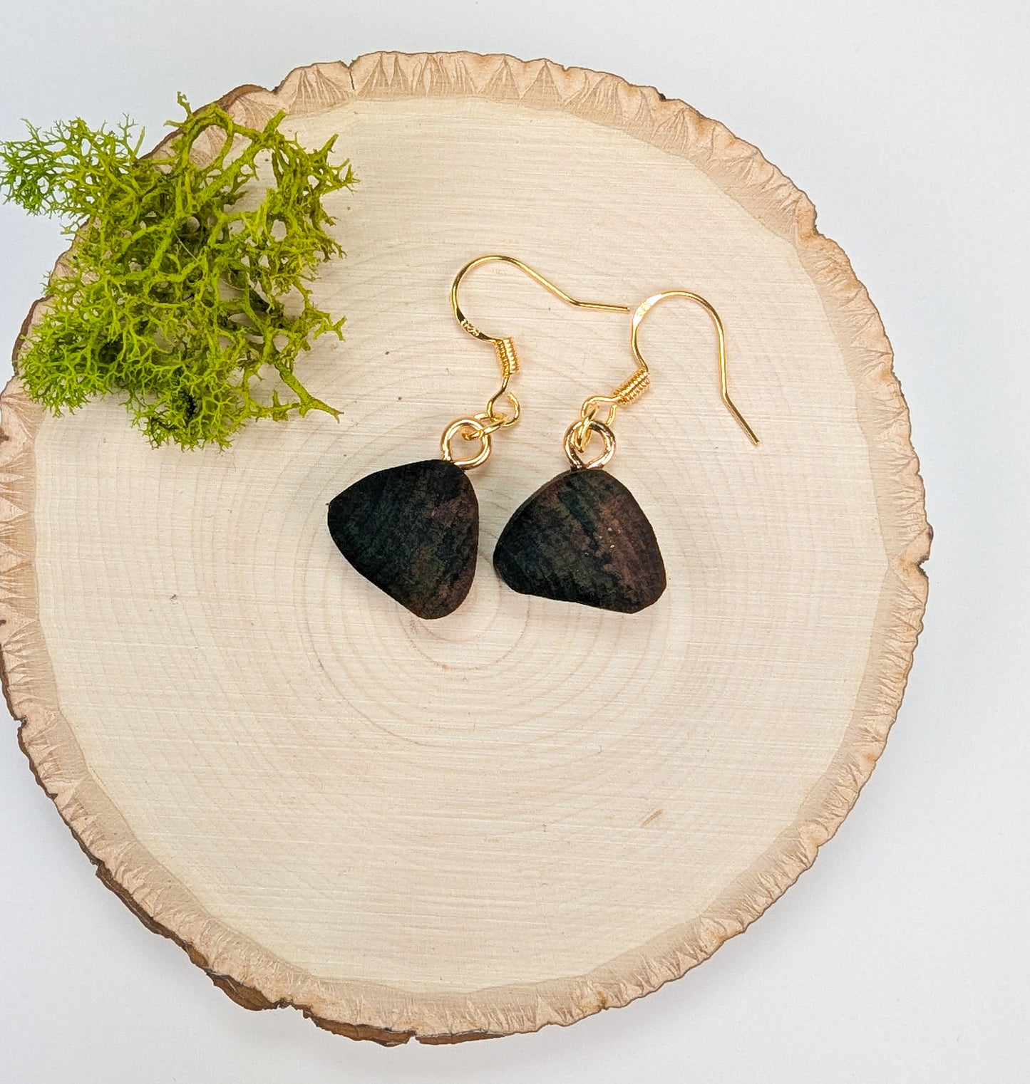 Small Rounded Triangle Earrings | Carved From Naturally Green, Fungus-Stained Wood