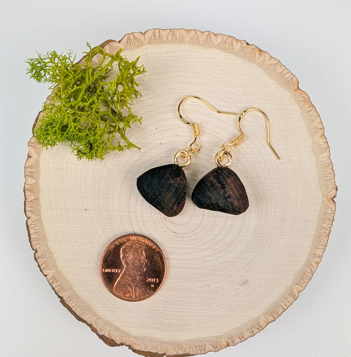 Small Rounded Triangle Earrings | Carved From Naturally Green, Fungus-Stained Wood