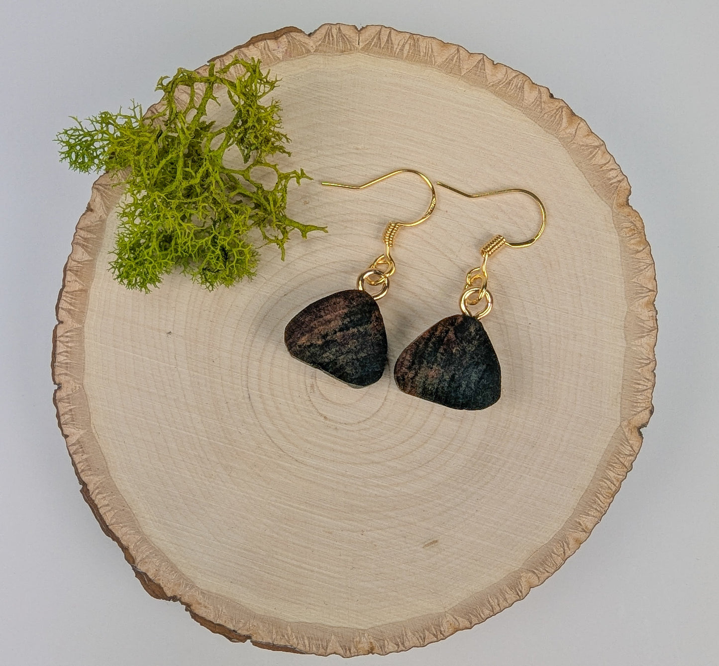 Small Rounded Triangle Earrings | Carved From Naturally Green, Fungus-Stained Wood