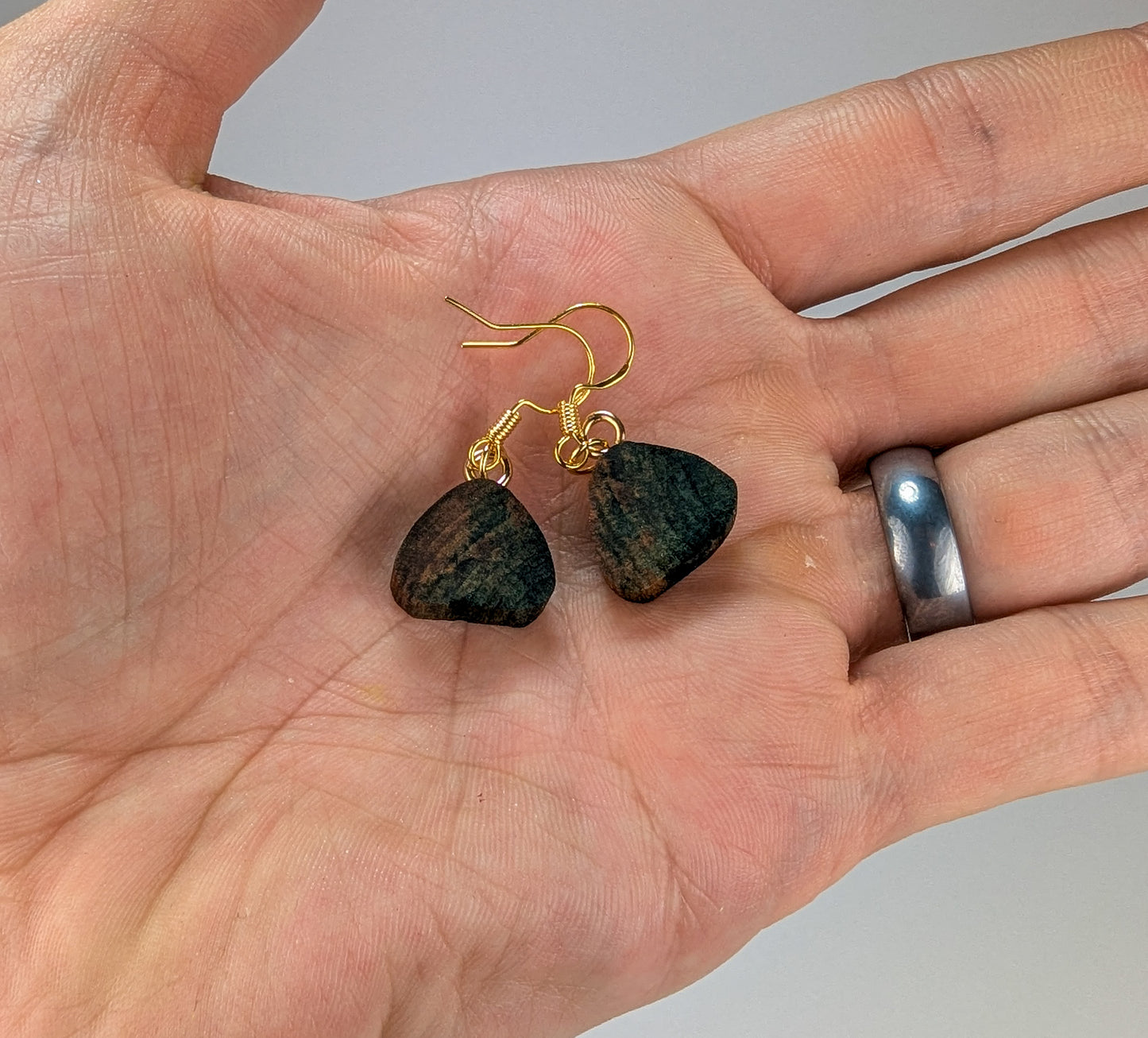 Small Rounded Triangle Earrings | Carved From Naturally Green, Fungus-Stained Wood