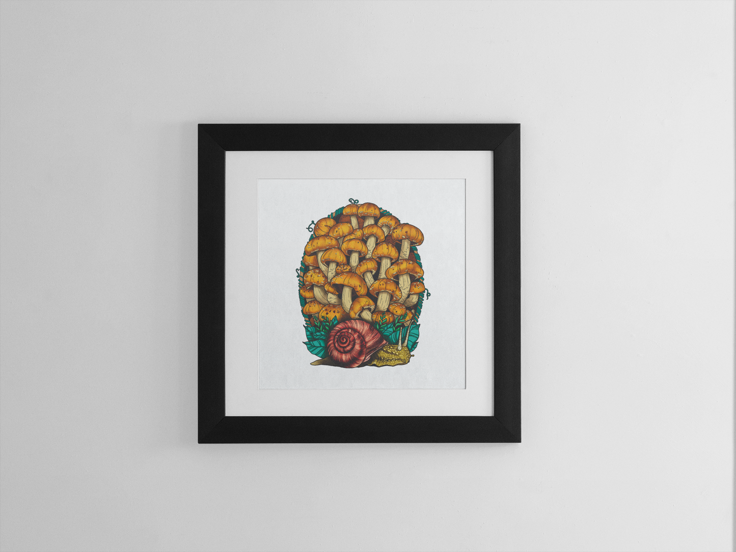 Land Snail and Chestnut Mushrooms | 8"x8" Print | Beautiful Nature Wall Hanging