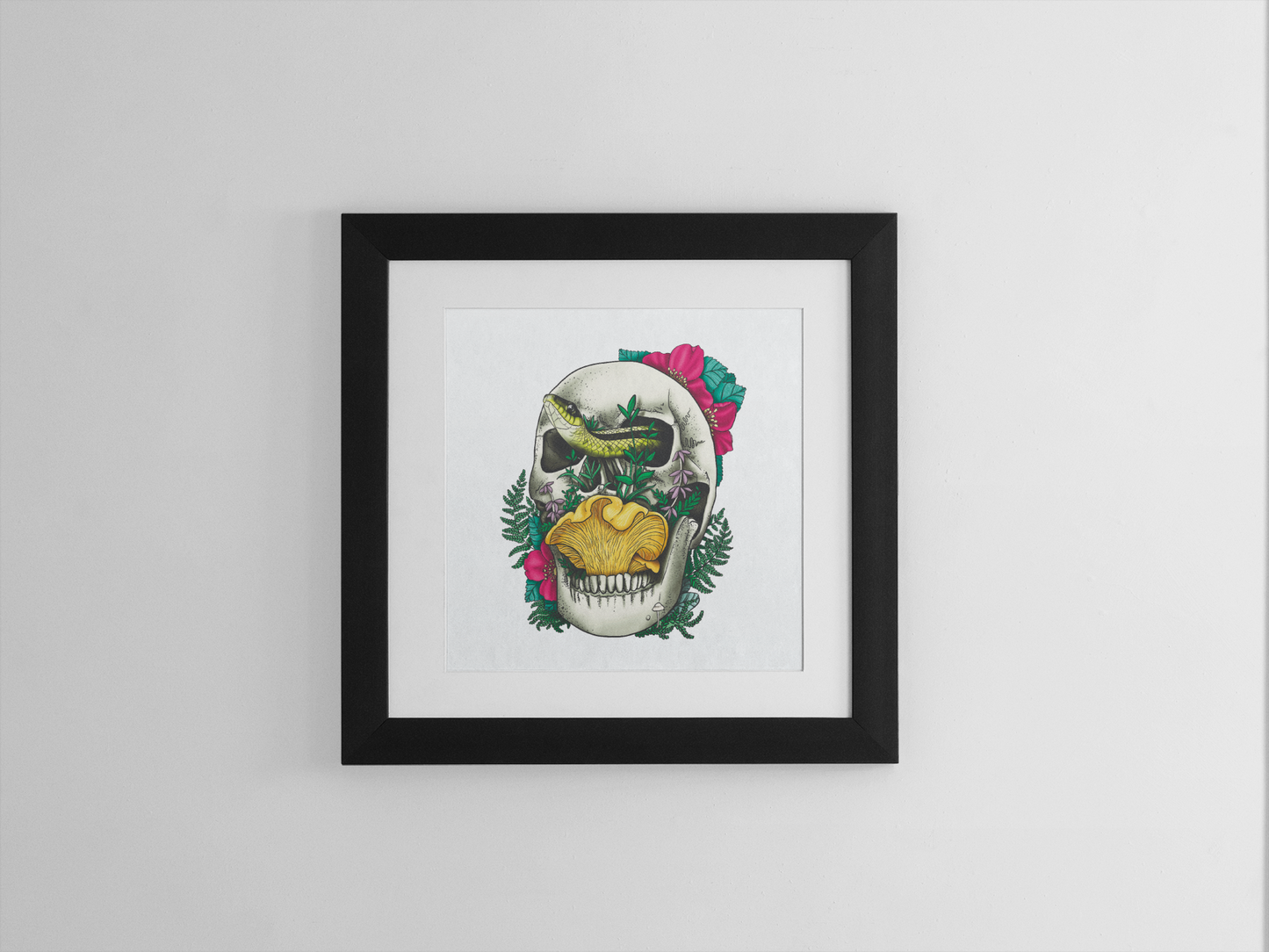 Skull, Snake and Chanterelle Mushroom | 8"x8" Print | Morbid and Beautiful Nature Wall Hanging