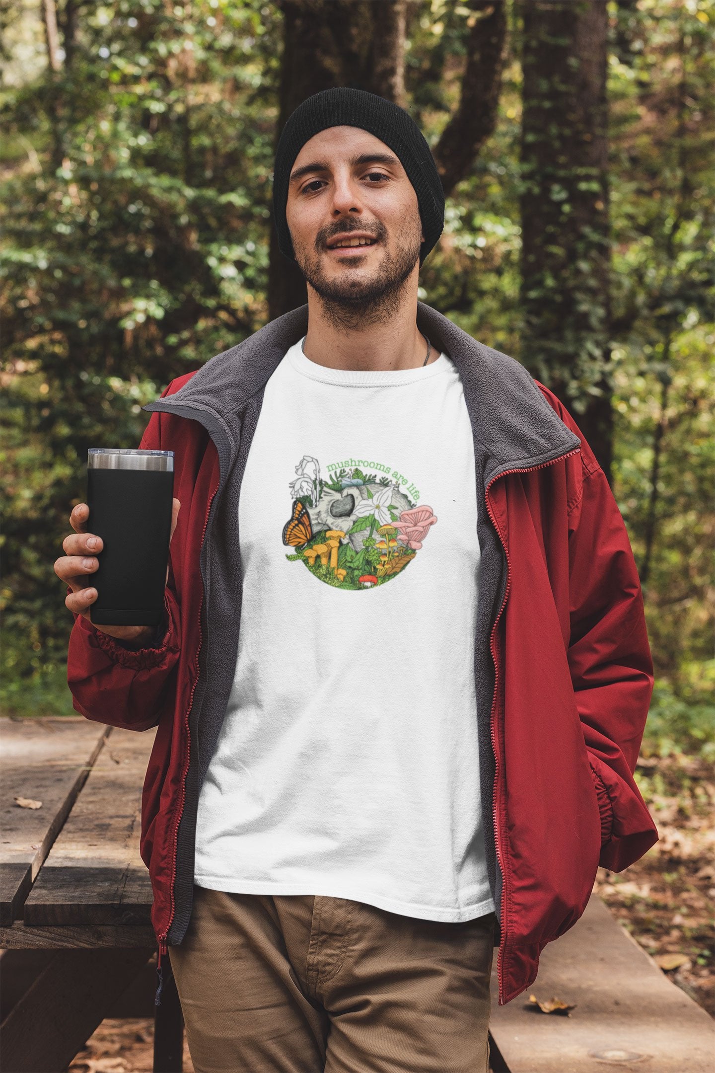 Mushrooms Are Life. T-shirt | Human Skull, Flowers and Fungi | 100% Cotton