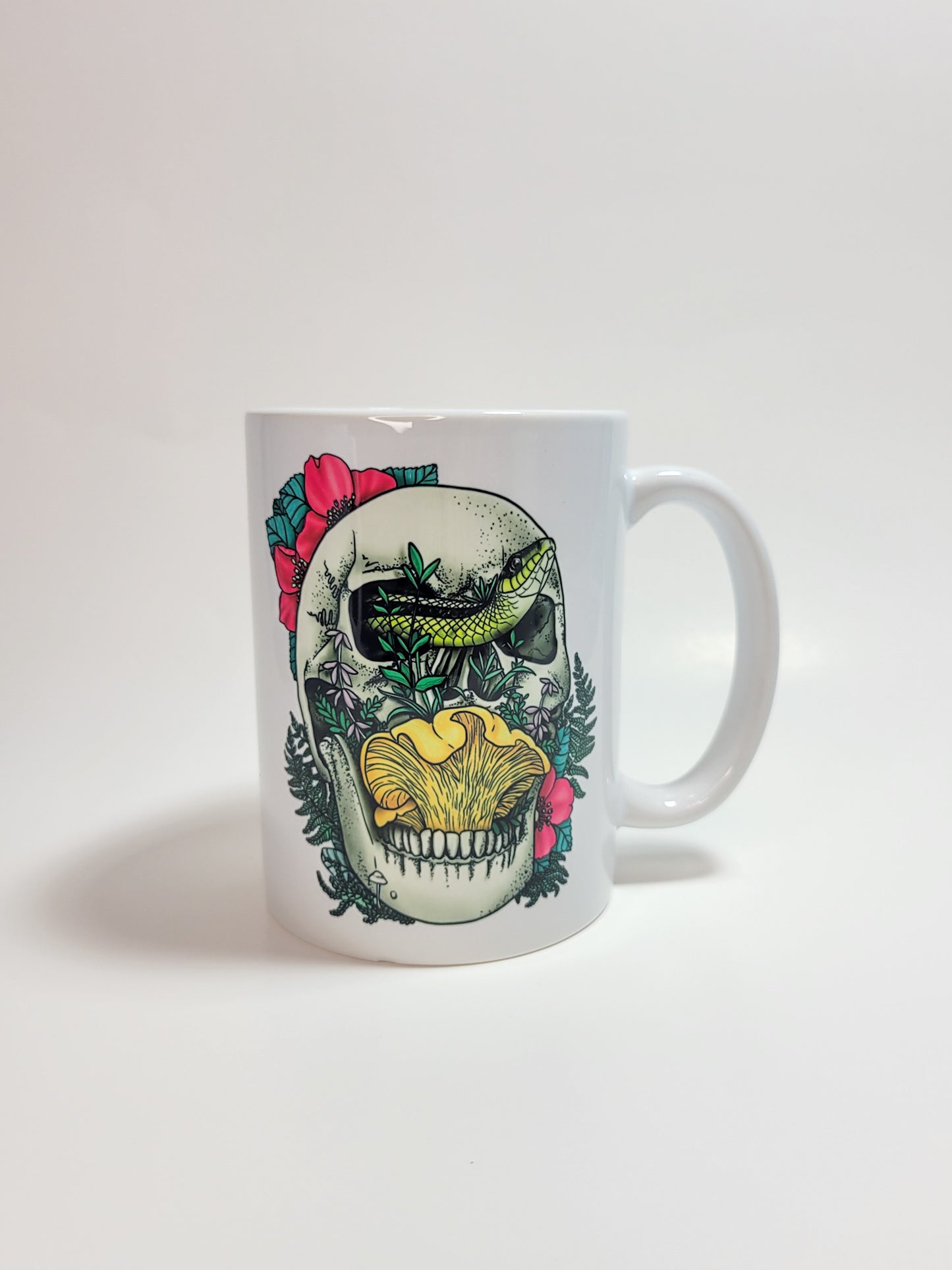 Skull, Snake and Chanterelle Mushroom | Morbid Nature Artwork on Ceramic Cup | 11oz/15oz Sizes
