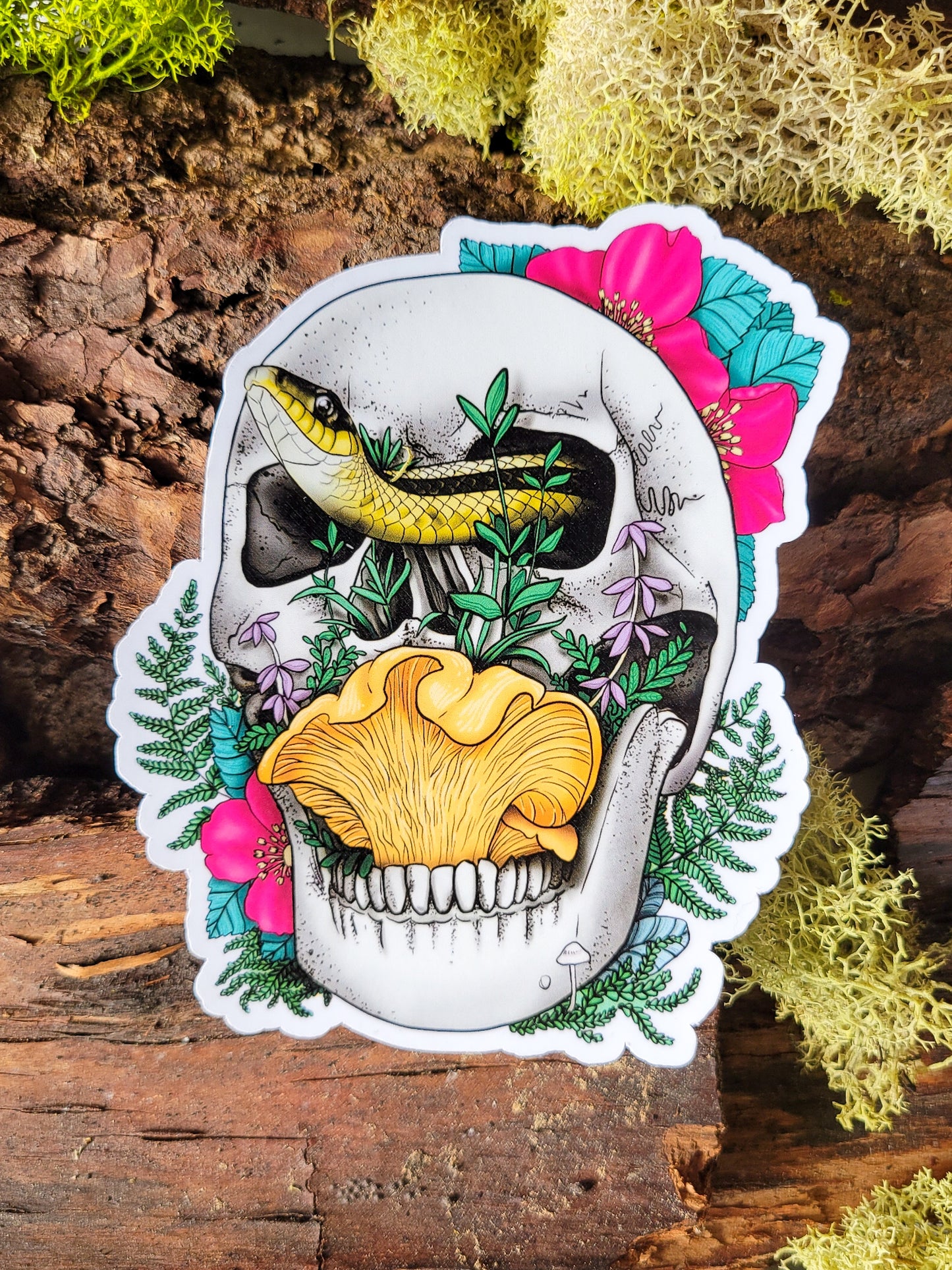 Skull, Snake, Chanterelle and Flowers | Morbid Mushroom Sticker