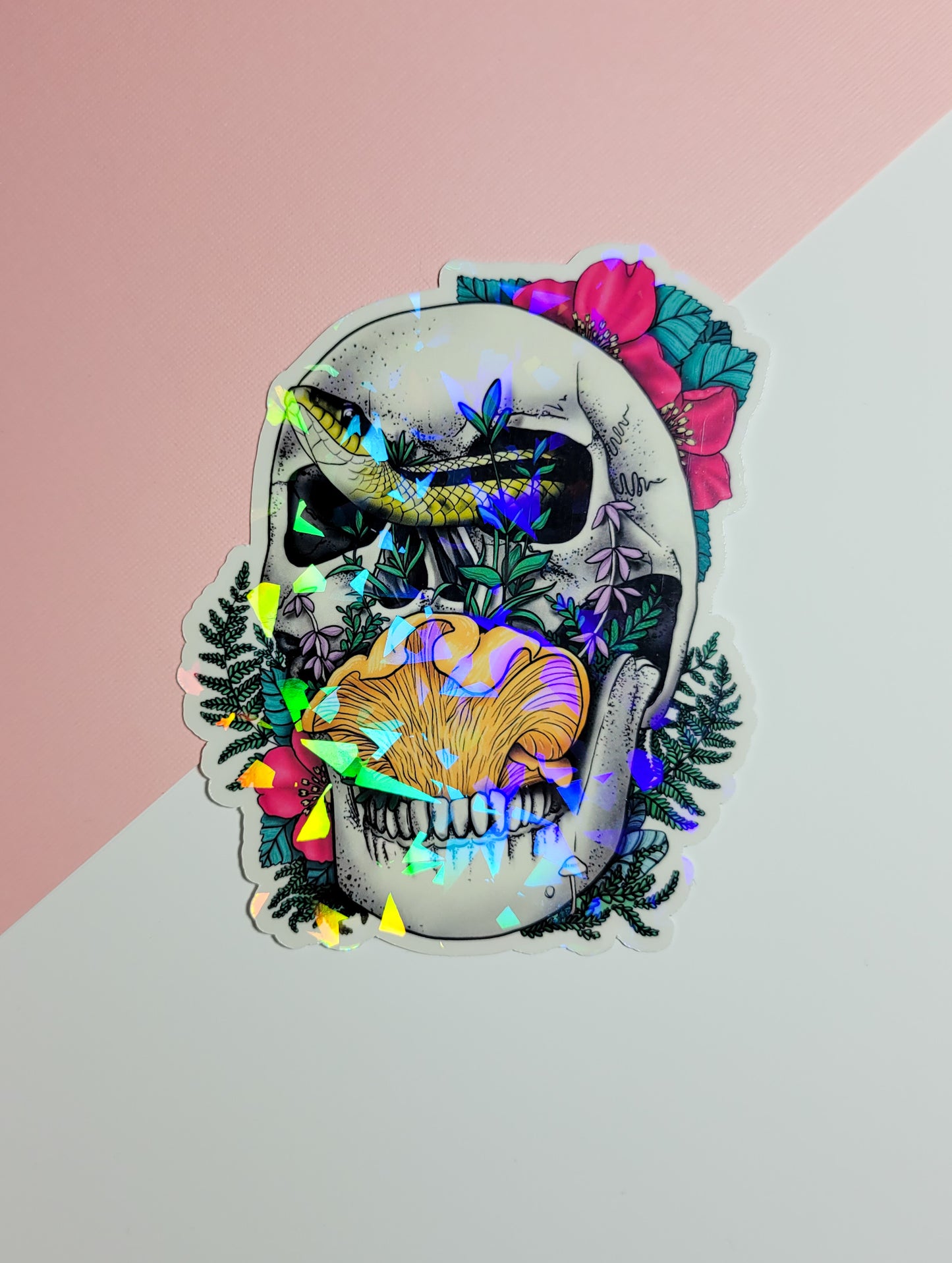 Skull, Snake, Chanterelle and Flowers | Morbid Mushroom Sticker