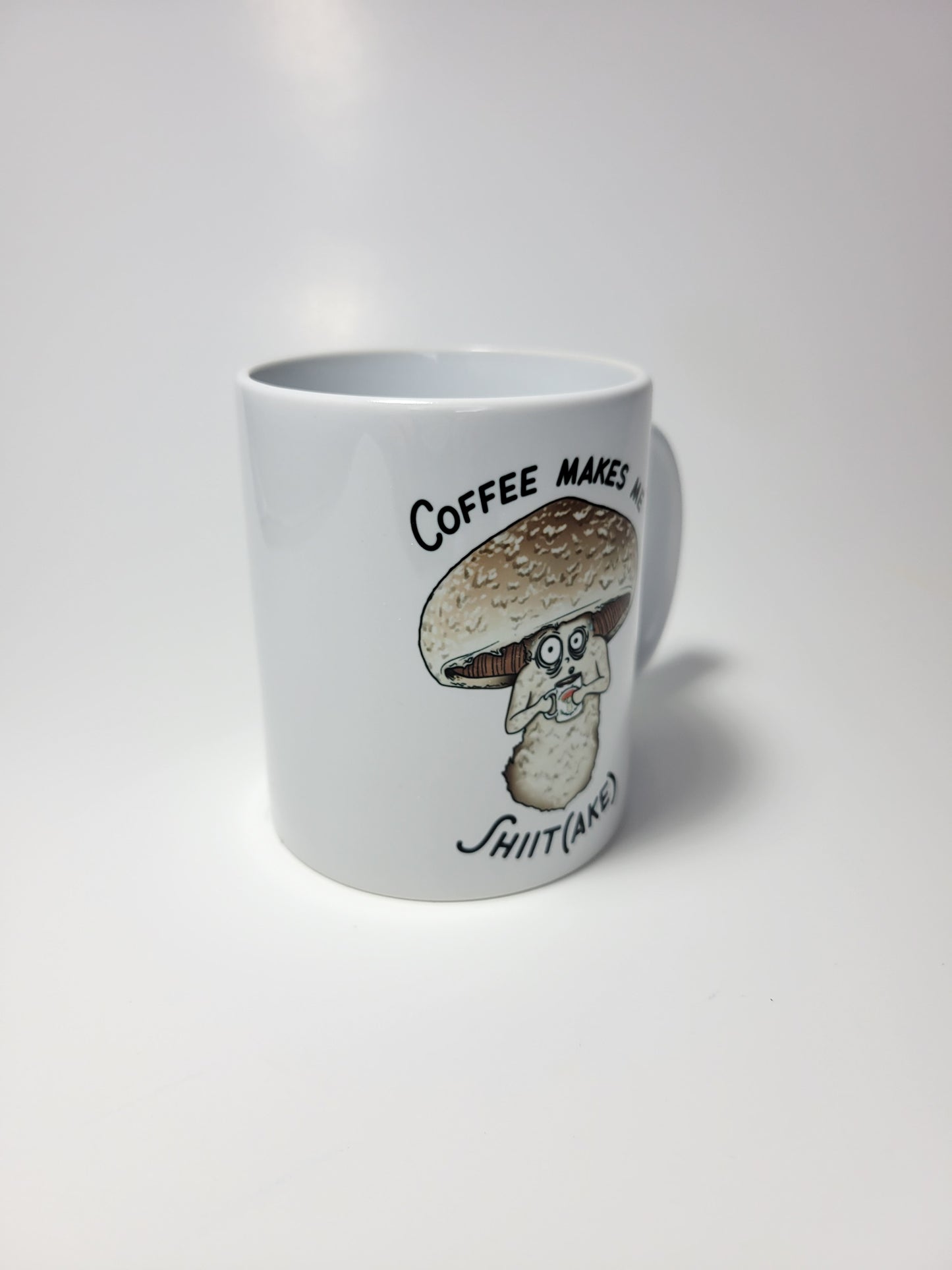Coffee Makes Me Shiitake | Funny Mushroom Mug | Mushroom Artwork on Ceramic Cup | 11oz/15oz Sizes