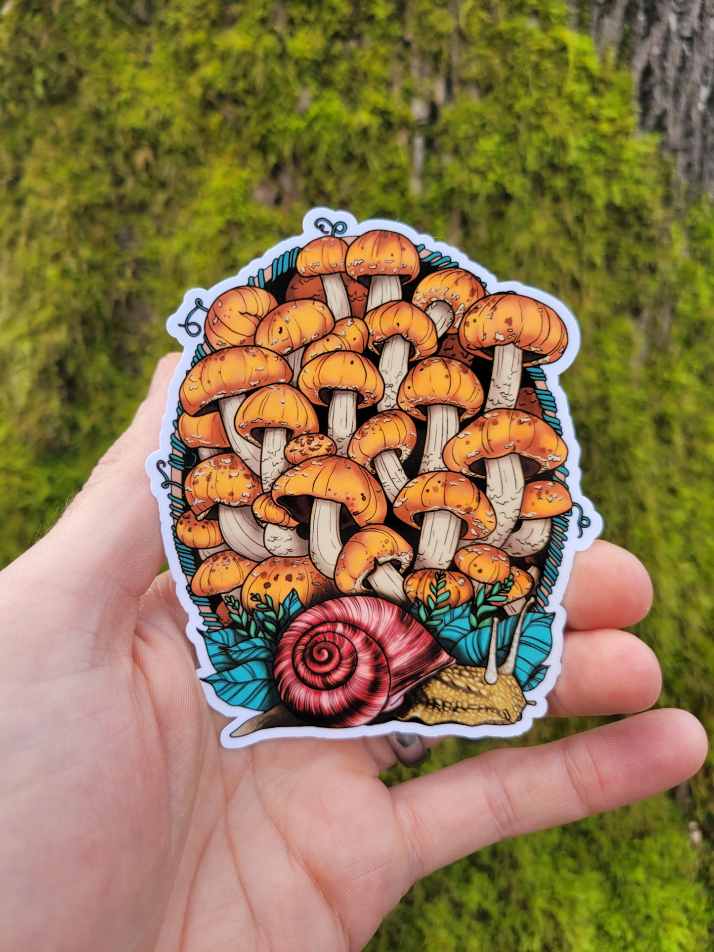 Land Snail and Chestnut Mushrooms Sticker | Beautiful Cottagecore Artwork