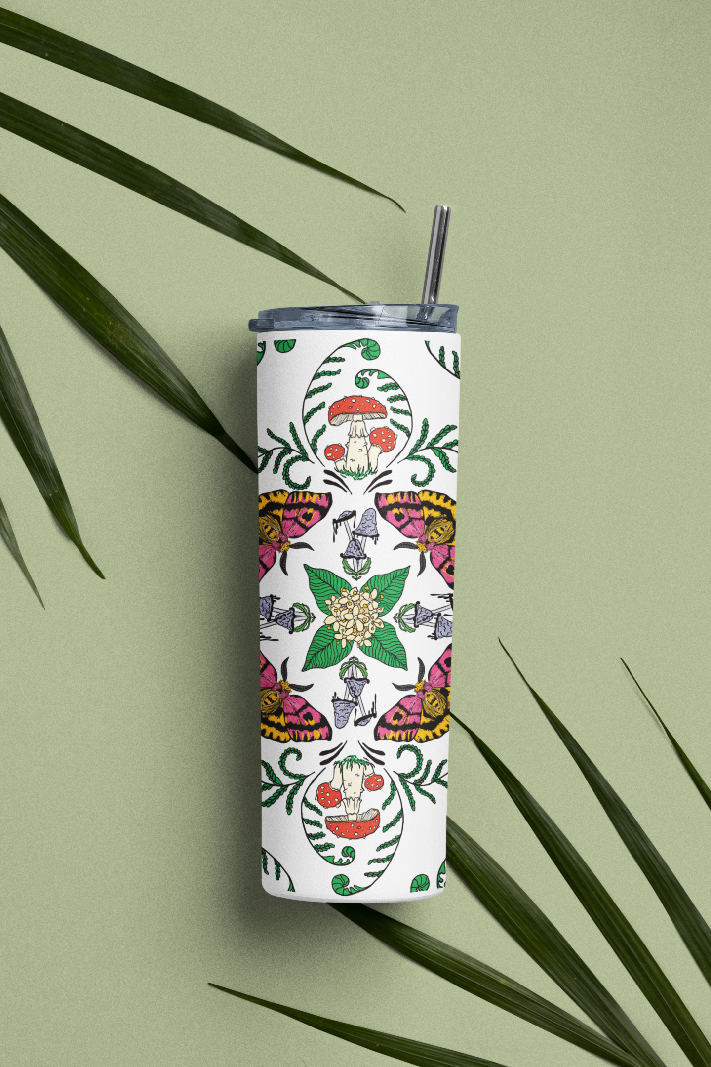 Mushrooms, Moths and Flowers Full Wrap | 20oz Stainless Steel Skinny Tumbler | Beautiful Mushroom Artwork